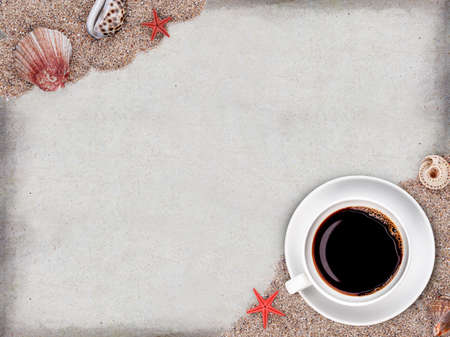 White cup with coffee on vacation concept backgroundの写真素材