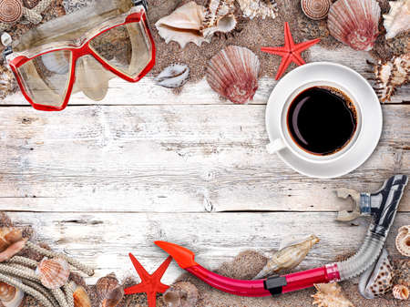 Summer vacation concept with cup of coffeeの写真素材