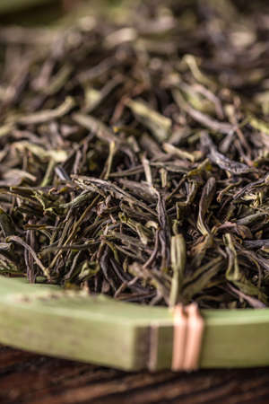 Close up of dry green tea leavesの写真素材