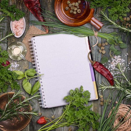 Open recipe book with fresh herbs and spices on wooden background