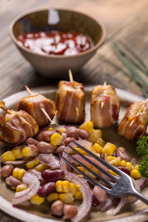 Delicious chicken meatballs with saladの写真素材