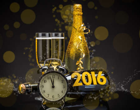Celebration theme with champagne and clockの写真素材