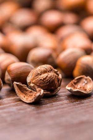 Close up of cracked filbert, hazelnut