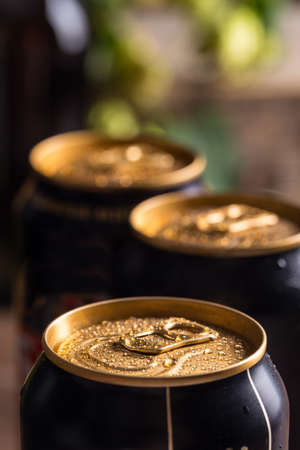 Top part of beer cans with water dropsの写真素材