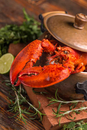 A delicious freshly boiled lobster in the potの写真素材
