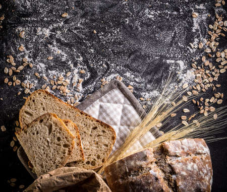 Mixed rye-wheat whole grain homemade sourdough breadの写真素材