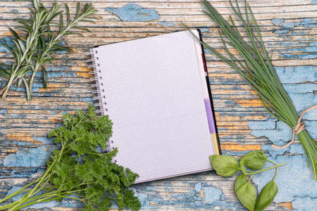 Open recipe book with fresh herbs on wooden backgroundの写真素材