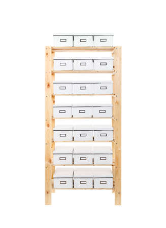 Cardboard boxes on shelves isolated on white background