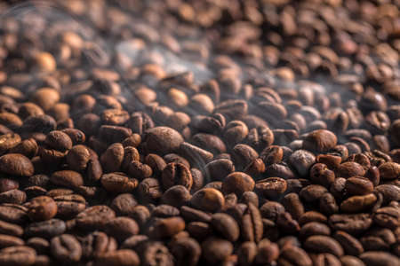 Coffee beans background with smokeの写真素材