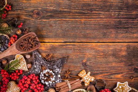 Christmas decorations on vintage wooden backgroundの写真素材