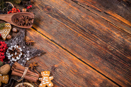 Christmas decorations on wooden backgroundの写真素材