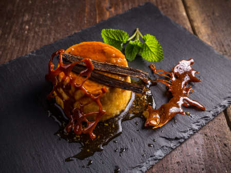 Creme caramel decorated with caramel latticeの写真素材