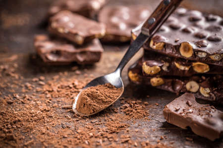 Delicious brown cocoa powder with chocolate