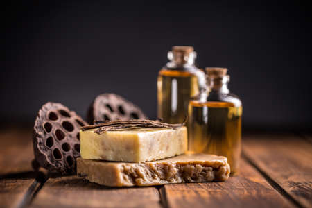 Cold processed handcrafted soap with vanilla and essential oilの写真素材