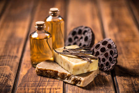 Natural handmade soap on wooden tableの写真素材