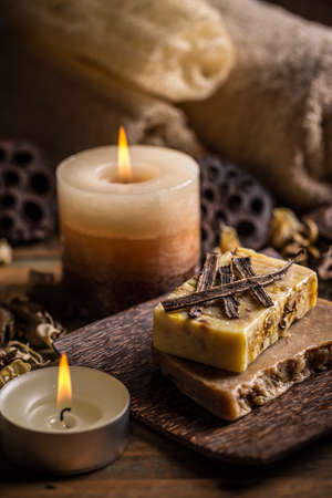 Aromatic spa set with soap and candleの写真素材
