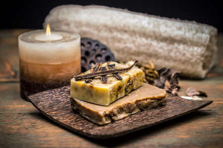 Natural handmade soap on wooden tableの写真素材