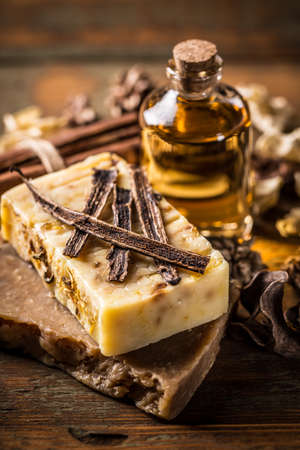 Bars of natural soap with vanilla and essential oilの写真素材