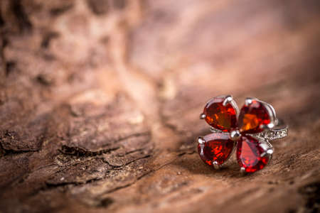 Jewellery ring with red stone, copy spaceの写真素材