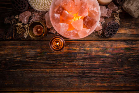 Top view of turned on himalayan crystal natural salt bowl lampの写真素材