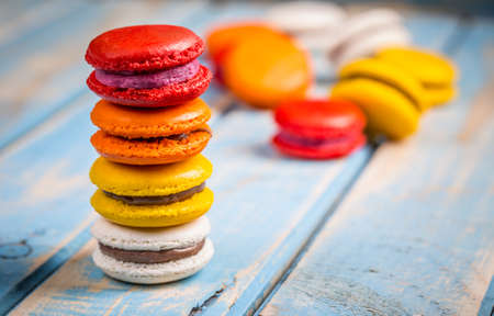 Tower of assorted colorful french macaronsの写真素材
