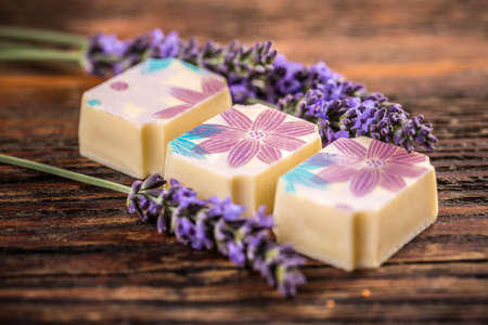 Lavender truffle on vintage wooden backgroundの写真素材