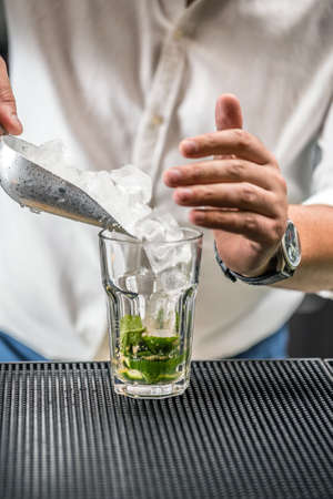 Bartender pouring ice cube in glass - preparing mojito cocktailの写真素材