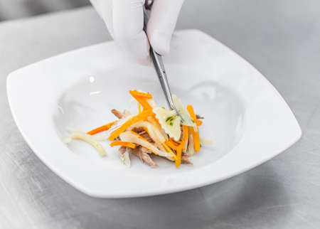 Chef preparing dishes for soup on the restaurant kitchenの写真素材
