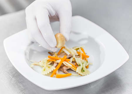 Chef adding finishing touch on his dish before it goes on the tableの写真素材