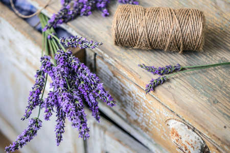 Lavender flowers on vintage wooden tableの写真素材