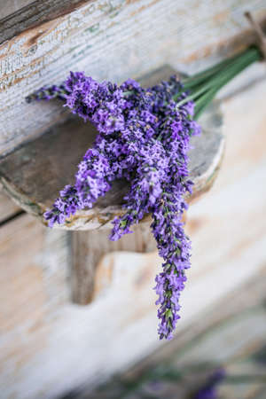 Lavender flowers on vintage wooden backgroundの写真素材