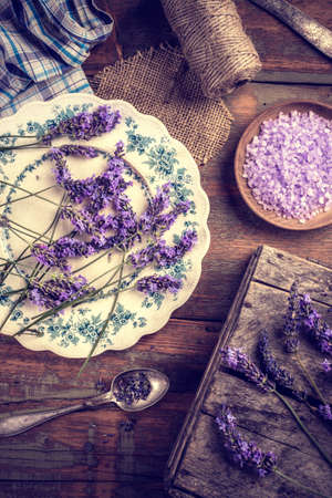 Sea salt bath with fresh lavender flowersの写真素材