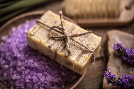 Natural handmade soap and lavender bath saltの写真素材