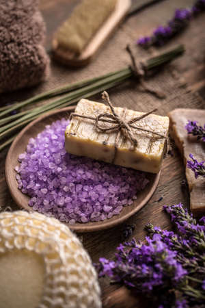 Natural soap, bath salt and fresh lavender flowersの写真素材