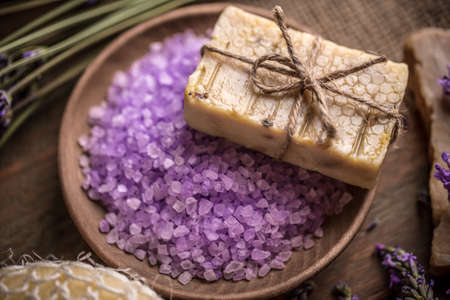 Close up of lavender treatment soap and sea saltの写真素材