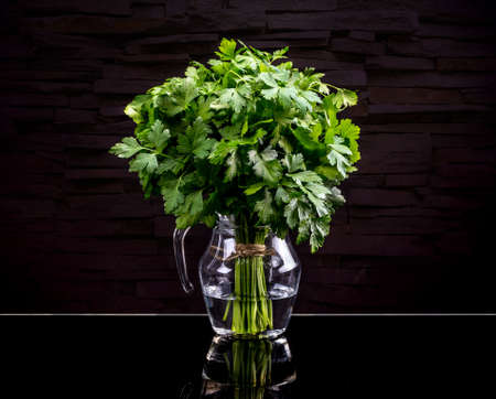 Bunch of fresh green parsley on black backgroundの写真素材