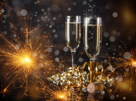 Champagne glasses ready to bring in the New Yearの写真素材