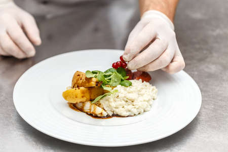 Portion of cheese risotto with roasted goose breast, chef decoratedの写真素材