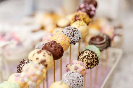 Wedding cake pops on dessert tableの写真素材