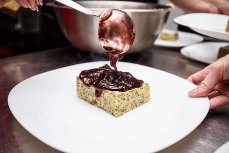 Cake made with corn flour and poppy seeds treacle with plum jamの写真素材