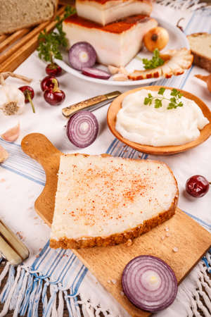 Lard spread on home baked bread, rustic tableの写真素材