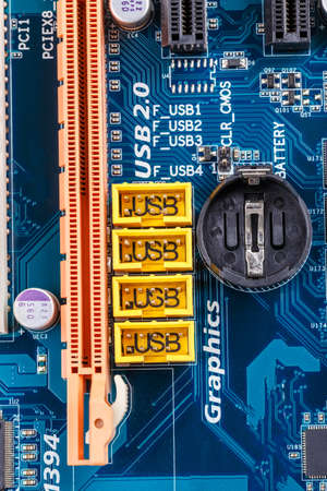 Close up of Computer motherboard with usb sockets