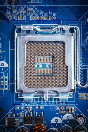 Blue electronic circuit board, close up shotの写真素材