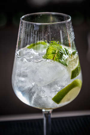 Cocktail with lime and mint, close up shot