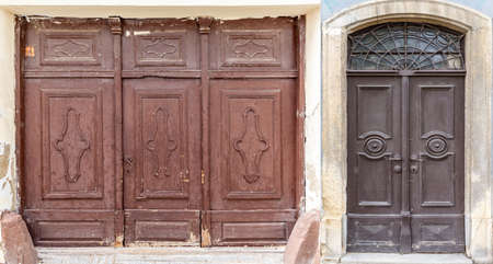Photo collage of 2 weathered wooden doorsの写真素材