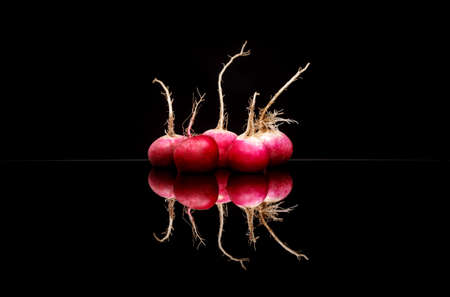 Small garden radishes on black background, clipping pathの写真素材