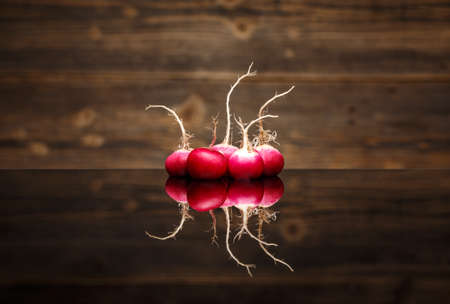 Freshly harvested radishes on black surface, clipping pathの写真素材