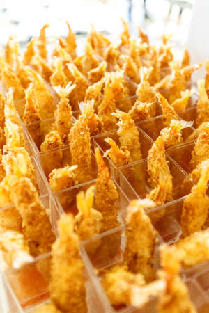 Close up of appetizers of shrimp cocktail in cups waiting to serveの写真素材