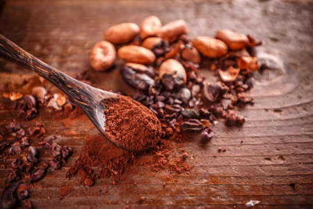 Cocoa (cacao) beans on vintage wooden tableの写真素材