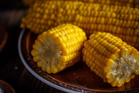 Close up of sweet boiled cornの写真素材